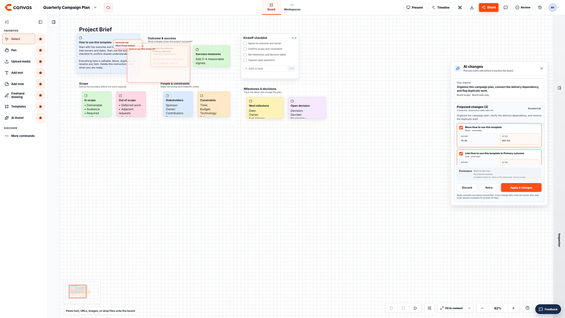 Real Canvas AI changes panel previewing proposed reversible board edits before application.